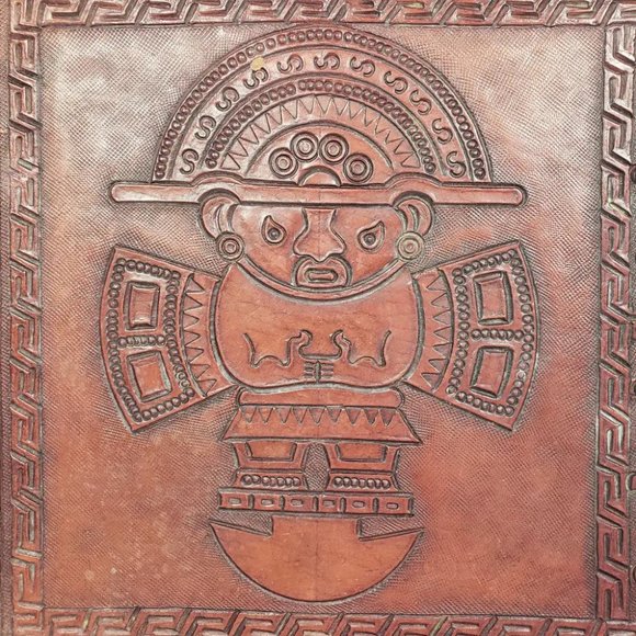 Handmade Wood Embossed Leather Mayan Serving Tray Vintage - Picture 7 of 10